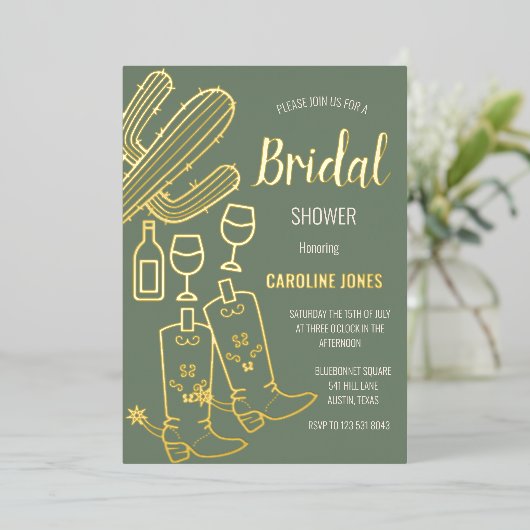 Western Boots Bubbly Boho Gold Foil Vrijgezellenfe Folie Uitnodiging (Staand Voorkant)