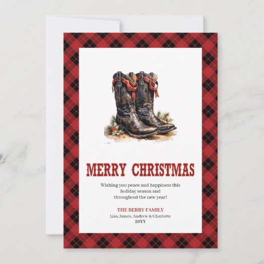 Western Boots Buffalo Plaid Tartan Christmas Card Feestdagenkaart (Voorkant)