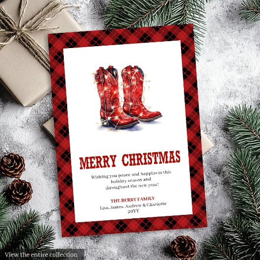 Western Boots Buffalo Plaid Tartan Christmas Card Feestdagenkaart