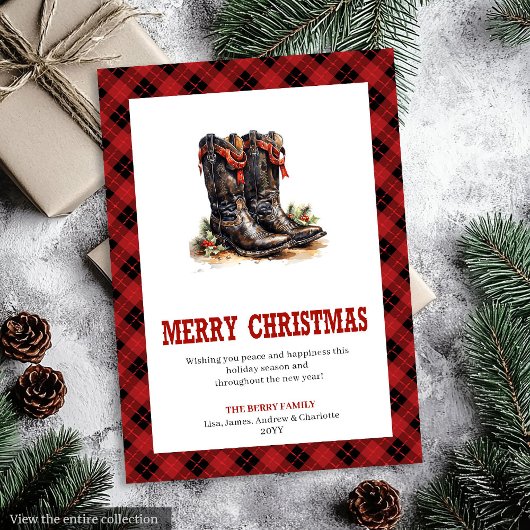 Western Boots Buffalo Plaid Tartan Christmas Card Feestdagenkaart