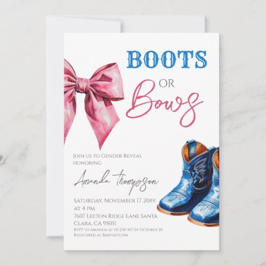 Western Boots or Bows Blue Pink Gender Reveal Kaart (Voorkant)