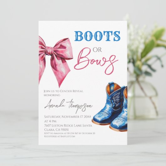 Western Boots or Bows Blue Pink Gender Reveal Kaart (Staand voorkant)