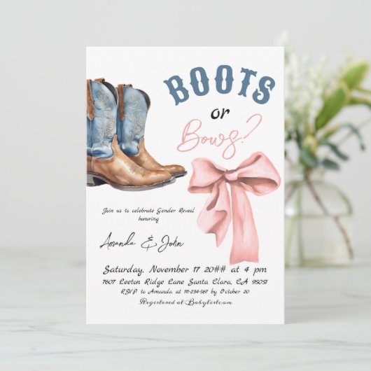 Western Boots or Bows He or She Gender Reveal Kaart (Staand voorkant)