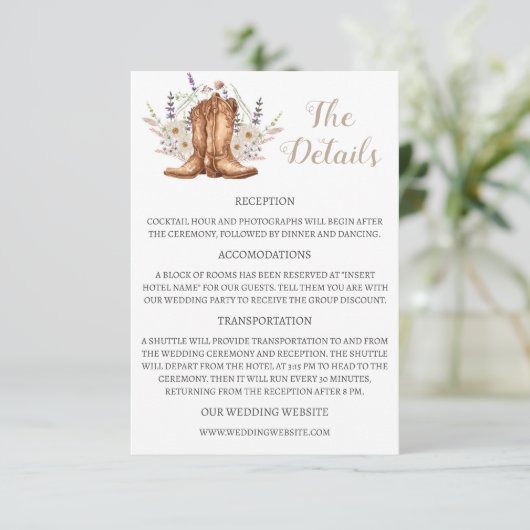 Western Boots Wedding Details Enclosure Card Kaart (Staand voorkant)