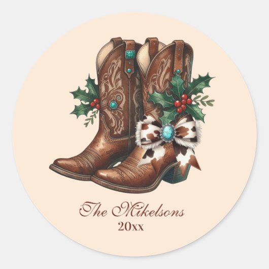 Western Bow & Boots Christmas Ronde Sticker (Voorkant)