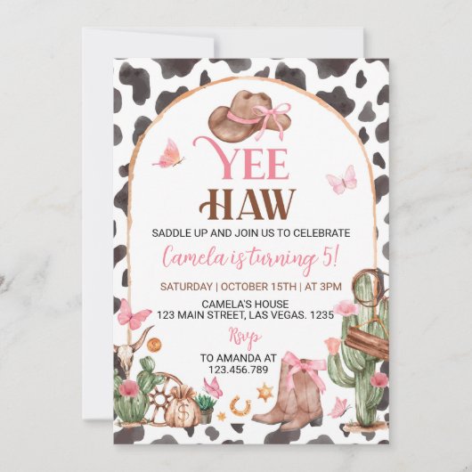 Western Bows Pink Cowgirl Verjaardagsuitnodiging Kaart (Voorkant)