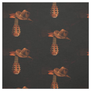 Western Brons Cowboy Pet en Gitaar Print Fabric Stof