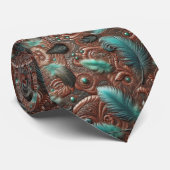 Western Brown Faux Leather Tooled with Feathers Stropdas (Opgerold)