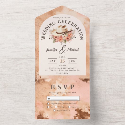 Western Bruiloft Blush Roze Koeienhuid All In One Uitnodiging (Binnen)