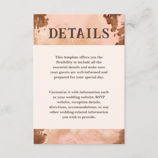Western Bruiloft Blush Roze Koeienhuid Details Informatiekaartje (Voorkant)
