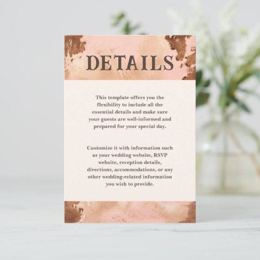 Western Bruiloft Blush Roze Koeienhuid Details Informatiekaartje (Staand voorkant)