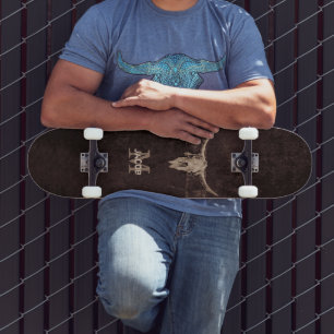 Western bruin beige Old Rustic Bull Skull Monogram Persoonlijk Skateboard