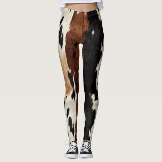Western bruin crème Koeienhuid Dier Leggings (Voorkant)