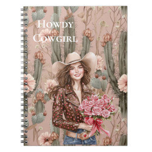 Western Bruin Haar Cowgirl Roze Cactus Bloemen Notitieboek