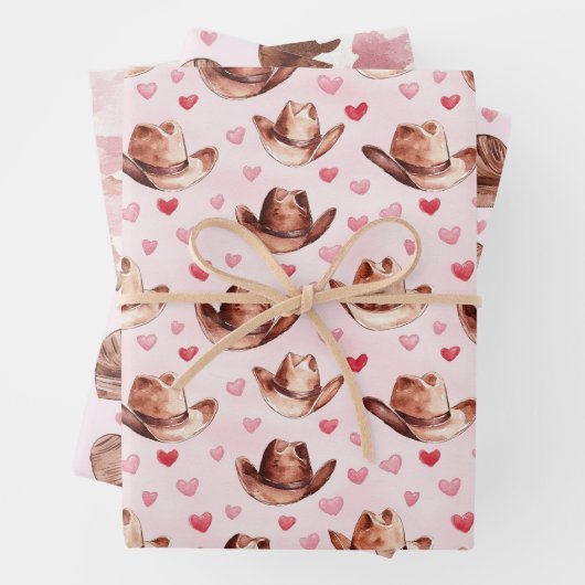 Western Bruin Roze Cowgirl Petten Harten Verjaarda Inpakpapier Vel (In situ)