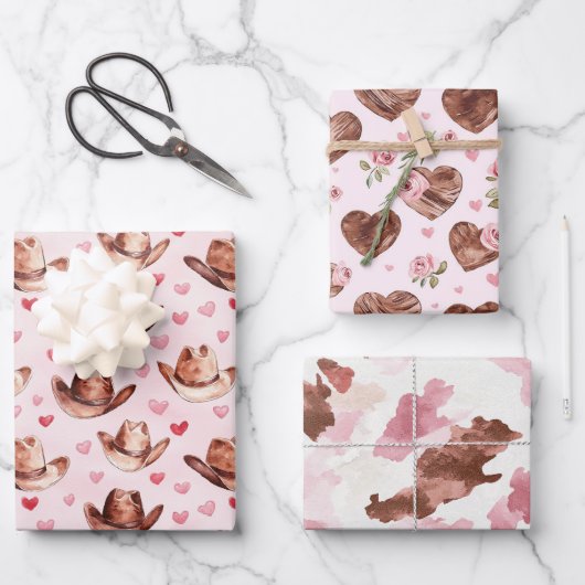 Western Bruin Roze Cowgirl Petten Harten Verjaarda Inpakpapier Vel (Voorkant)