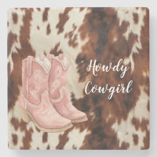 Western Bruine Crème Koehuid Roze Cowgirl Laarzen Stenen Onderzetter
