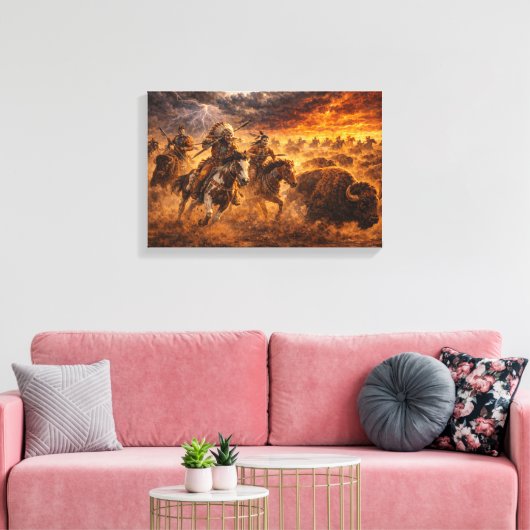 Western Buffalo Hunt Sunset Landscape Canvas Afdruk (Insitu (Woonkamer))