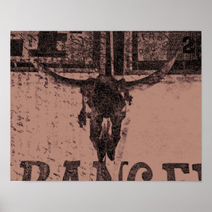  Western Bull Skull Bruin Oud Land Poster