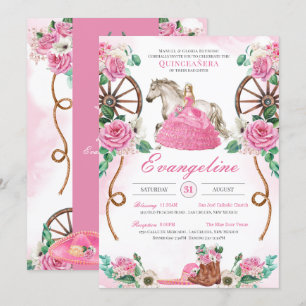 Western Charra Pink Rose Rustic Floral Quinceañera Kaart