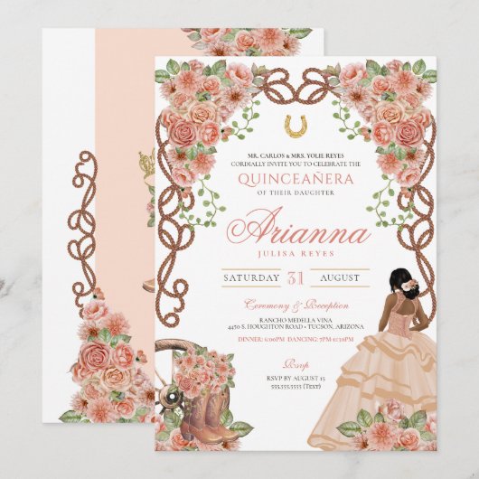 Western Charro Quinceañera Roos Gouden Blozen Bloe Kaart (Voorkant / Achterkant)