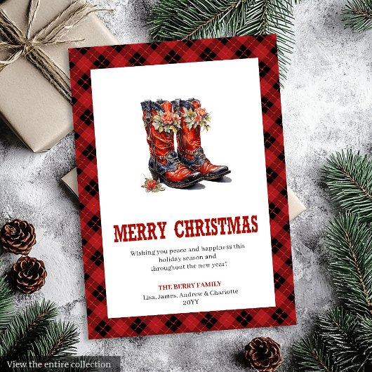 Western Christmas card cowboy boots design Feestdagenkaart
