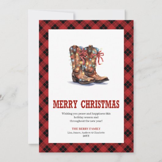 Western Christmas card red buffalo plaid tartan Feestdagenkaart (Voorkant)