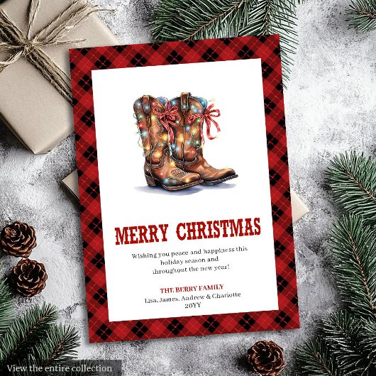 Western Christmas card red buffalo plaid tartan Feestdagenkaart