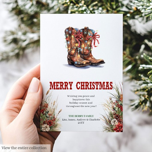 Western Christmas greeting card with cowboy boots Feestdagenkaart