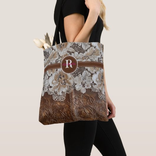 Western Country Leather n Lace Initiaal Naam Tote Bag (Dichtbij)