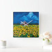 western country red barn summer sunflower field vierkante klok (Huis)