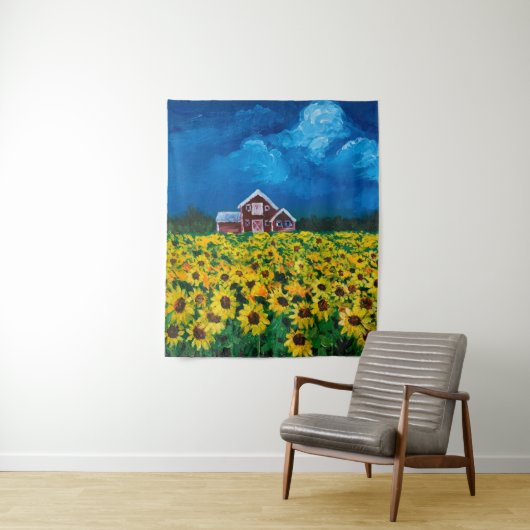 western country red barn summer sunflower field wandkleed (In situ)