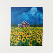 western country red barn summer sunflower field wandkleed (Voorkant)
