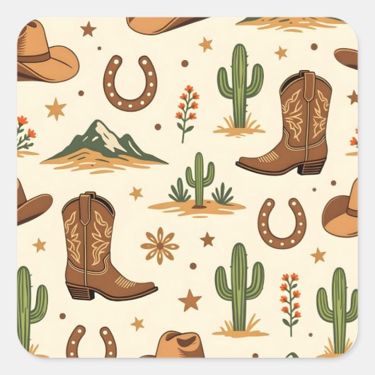 Western country theme with cactus vierkante sticker (Voorkant)