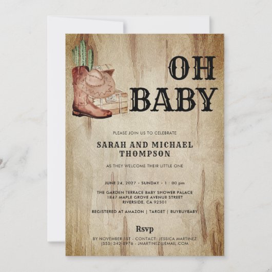 Western Cowboy Baby Shower Cactus Hat Boots Kaart (Voorkant)