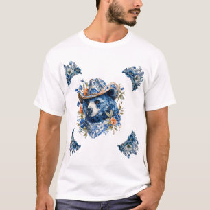 Western Cowboy Beer - Blauwe Beer met Bloemen Band T-shirt