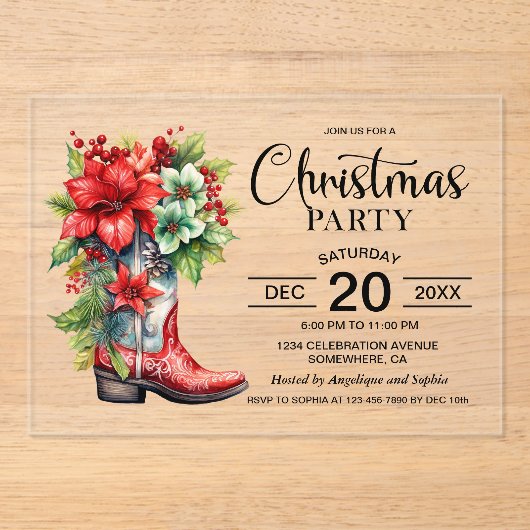 Western Cowboy Boot Kerstfeest Acryl Uitnodigingen (Voorkant)