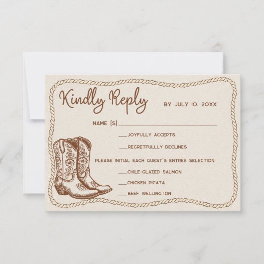 Western Cowboy Boots Barn Wedding Meal Choice RSVP Kaartje (Voorkant)