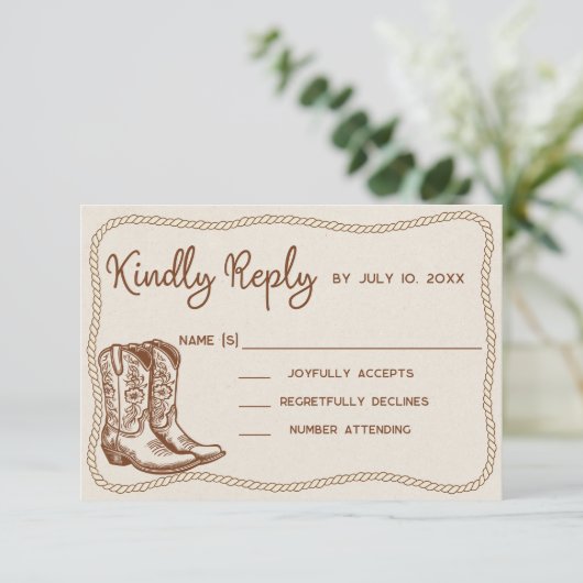 Western Cowboy Boots Casual Just Love Wedding RSVP Kaartje (Staand voorkant)