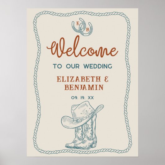 Western Cowboy Boots Horseshoe Wedding Welcome Poster (Voorkant)