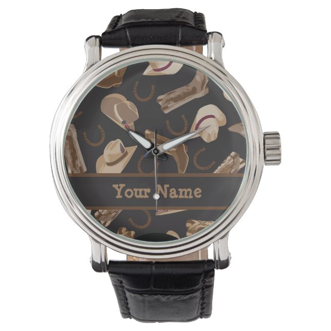 Western Cowboy Boots Petten Zwart Naam Badge Horloge (Voorkant)