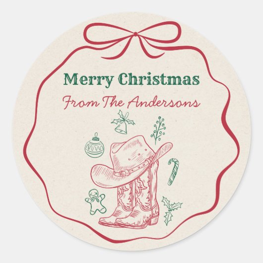 Western Cowboy Boots Retro Hand Drawn Ribbon Bow Ronde Sticker (Voorkant)