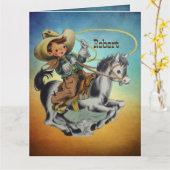  Western Cowboy Kind Op Paard Met Touw Kaart (Gele Bloem)