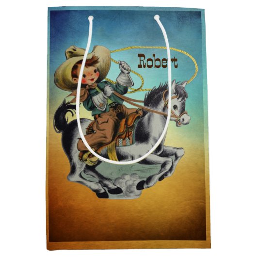  Western Cowboy Kind Op Paard Met Touw Medium Cadeauzakje (Voorkant)