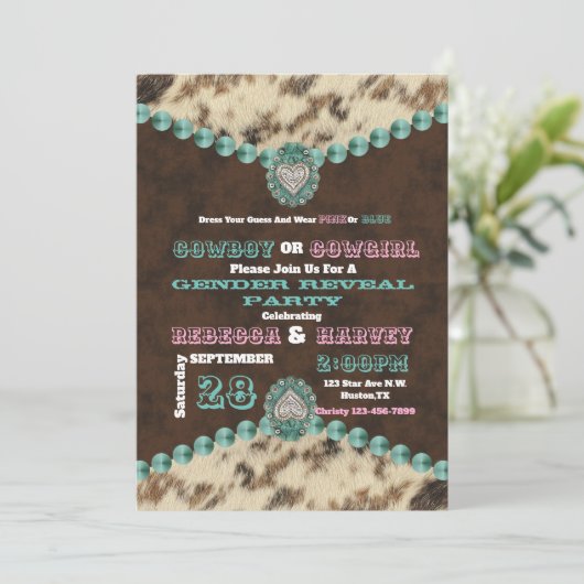 western cowboy of cowgirl gender reveal party kaart (Staand voorkant)