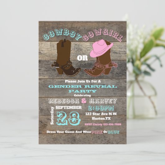 western cowboy of cowgirl gender reveal party kaart (Staand voorkant)