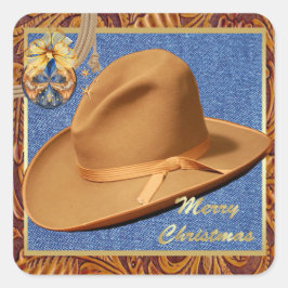 Western Cowboy Pet Denim Leather Merry kerst Vierkante Sticker
