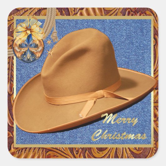 Western Cowboy Pet Denim Leather Merry kerst Vierkante Sticker (Voorkant)