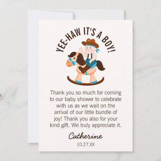 Western Cowboy Rocking Horse Boy Baby shower Bedankkaart (Voorkant)