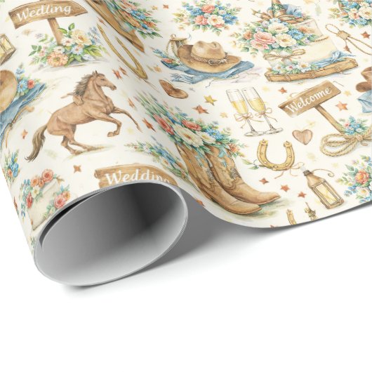 Western Cowboy Wedding Watercolor Pattern Cadeaupapier (Rol Hoek)